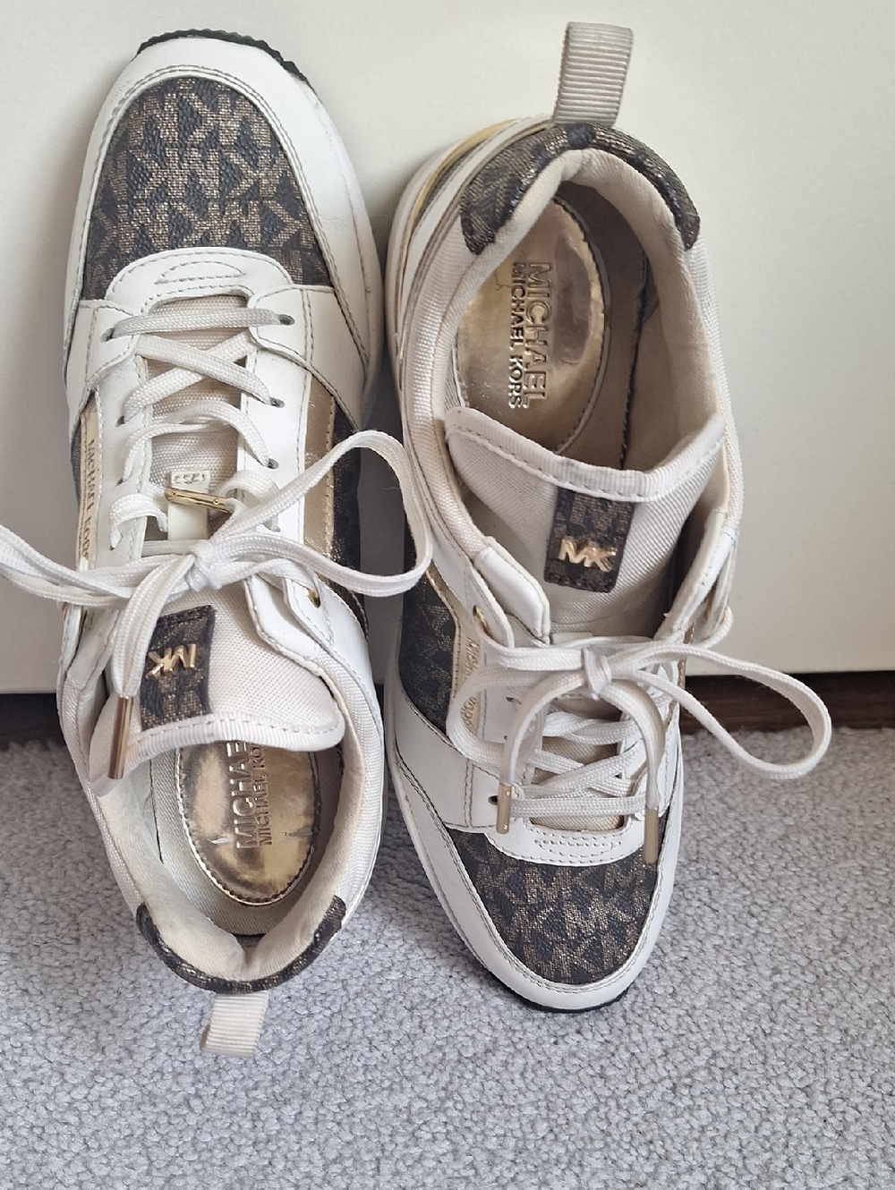 Michael Kors White and Brown MK Logo Sneakers